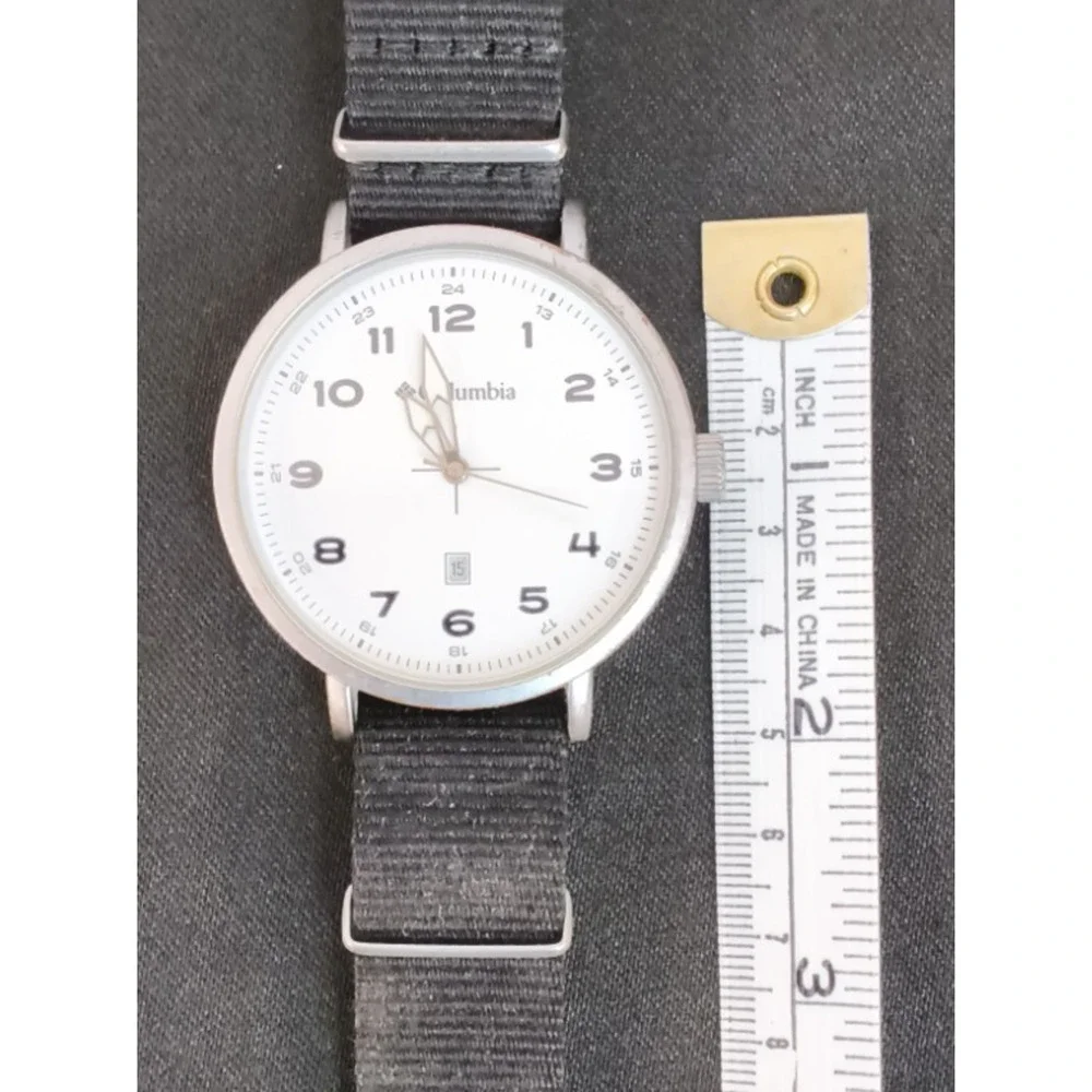 Columbia Silver Tone Analog Mens Watch Round White Face Black Fabric Band #W5172